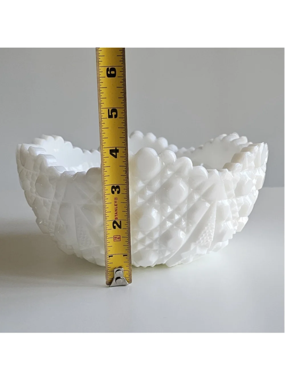 Vintage McKee Milk Glass Bowl Toltec Star & Cane Pattern 8" Mid-Century Decor - Picture 4 of 16